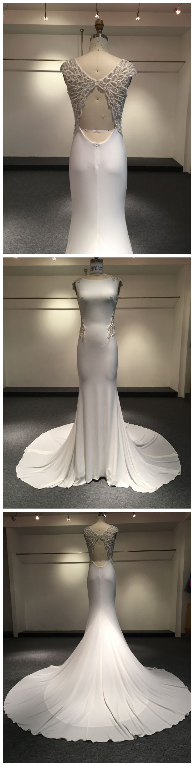 Evening Dresses High Neck All White Sexy Backless Jersey Mermaid Prom Dress Hy032 Real Sample