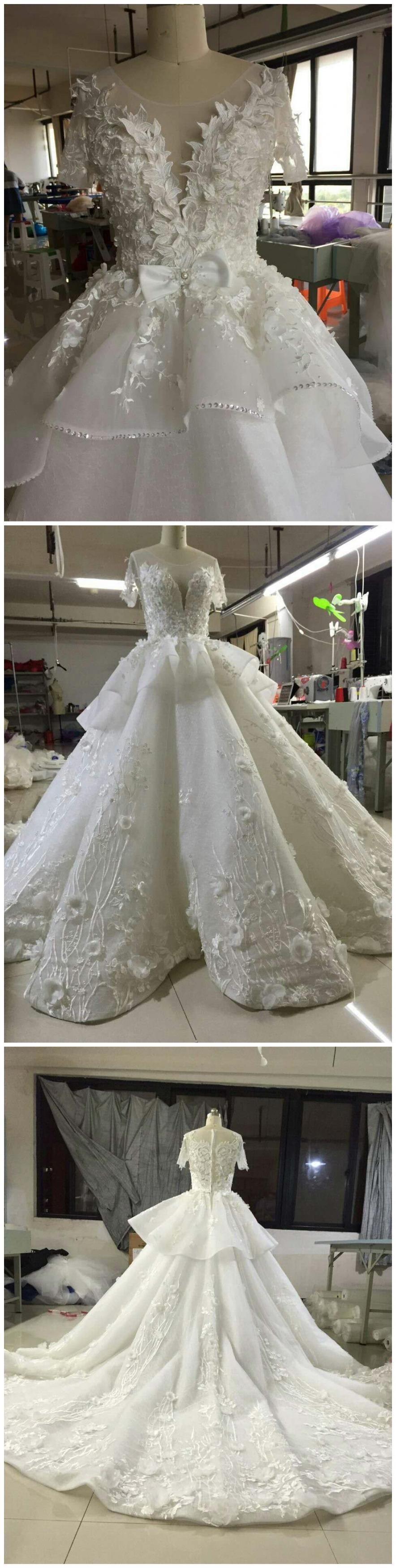 Real Photo Double V-Neck Organza short Wedding Dress 2017 Illusion Chapel Train Hand Made Bridal gown Back Button Size Plus