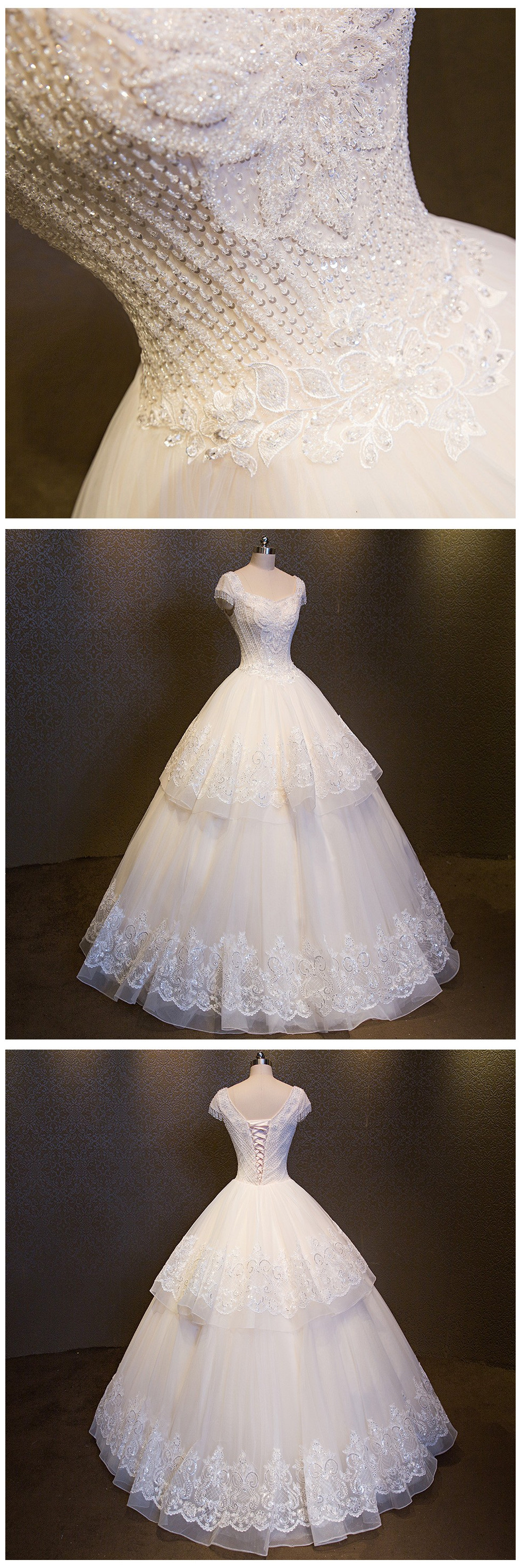 Wedding Dress Double V-neck Luxury Ball Gown Collar Crystals Cap Sleeve Backless Lace Up Back Crystals Robe De Mari Bridal Dresses