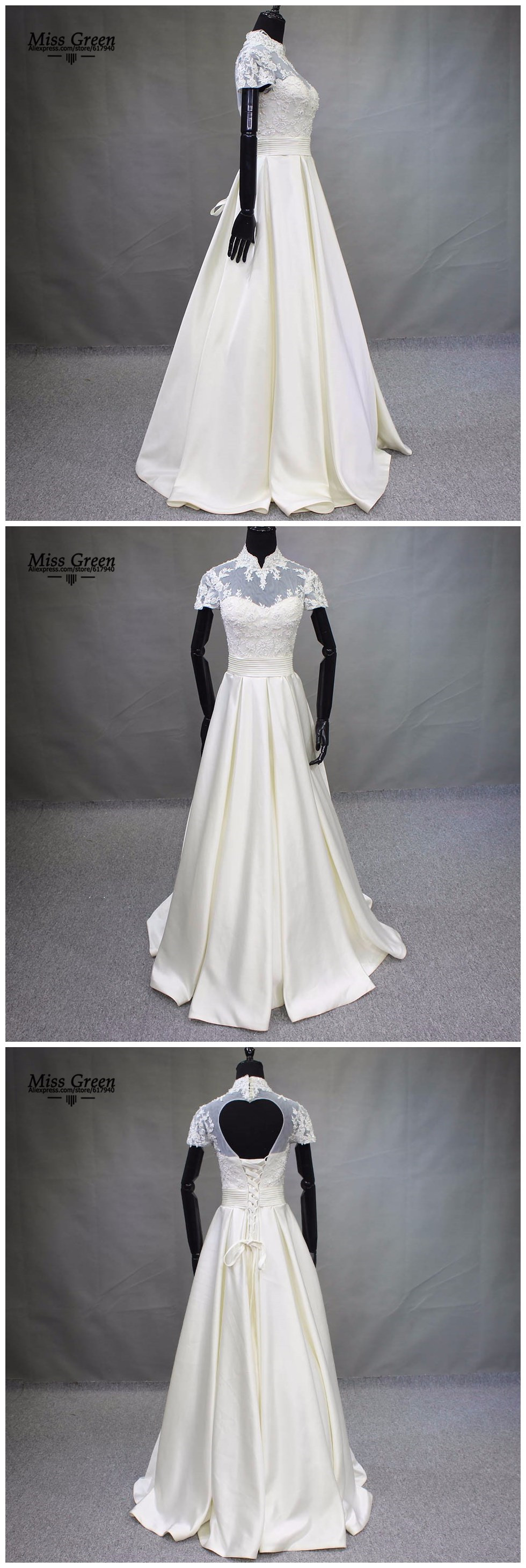 Sheer High Neckline Stain Short Wedding Dress Real Photo Lace Beaded Pearl Vestido De Novia A-line Bridal Gown