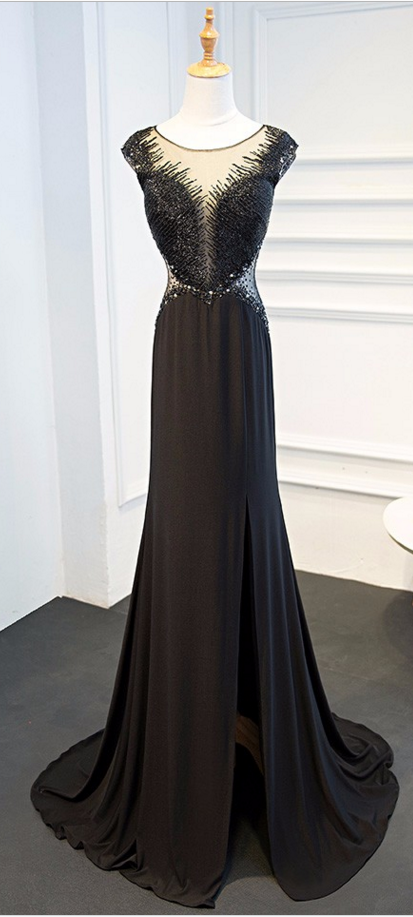Real Photo Sheer Neckline Black Evening Dress Sexy Slim Open Back Beaded Robe De Soiree Evening Gown Size Plus