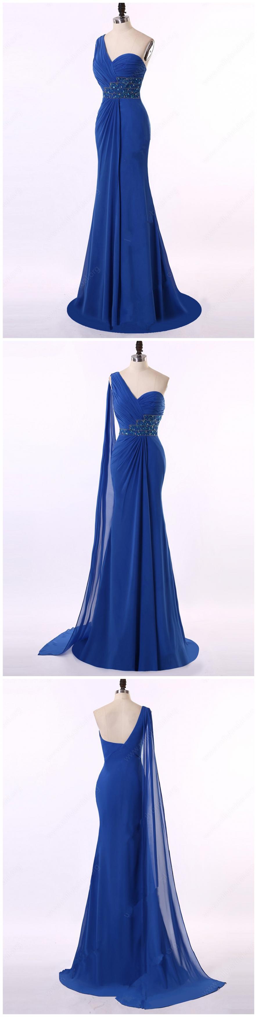 One Shoulder Amazing Royal Blue Chiffon Beading Trumpet/mermaid Prom Dresses