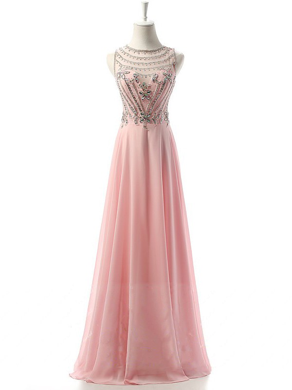 Pink Scoop Neck Chiffon Tulle With Crystal Detailing Modern Prom Dress