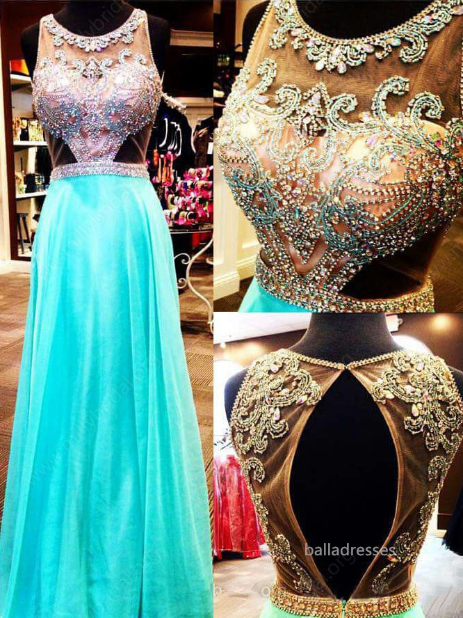 Fashion Blue Chiffon Tulle Scoop Neck Crystal Detailing Backless Prom Dress