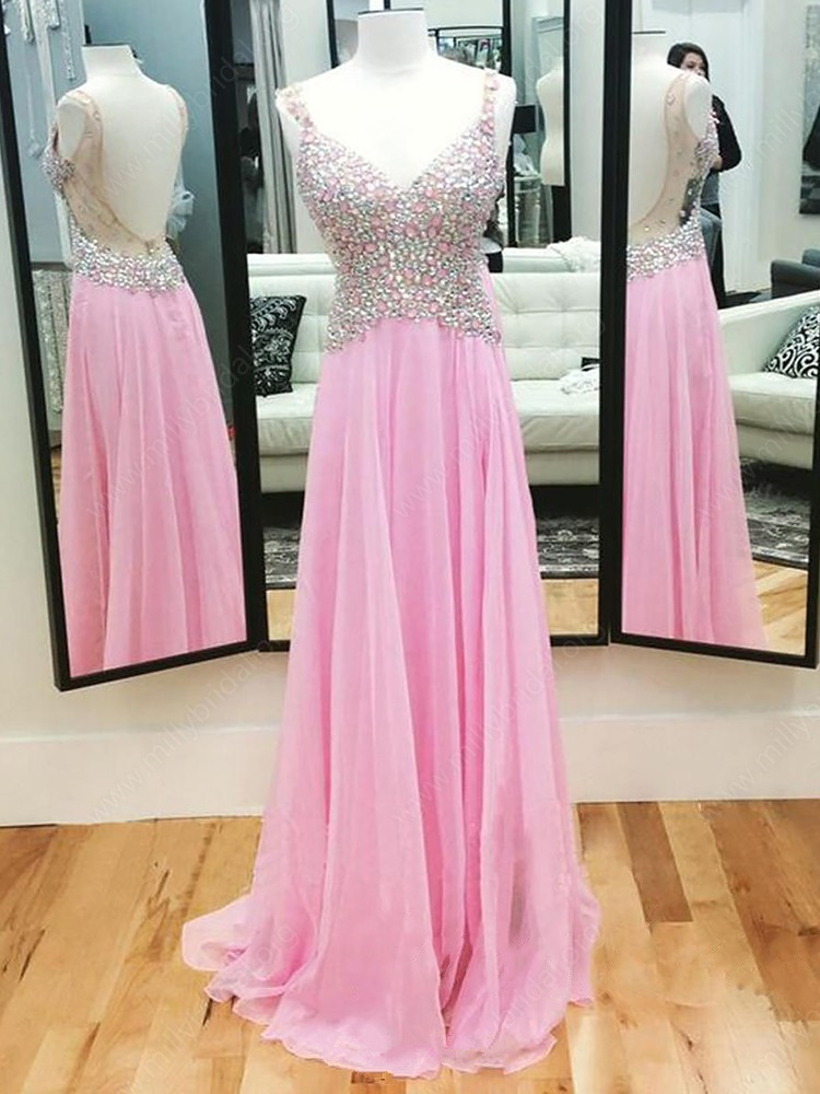 Online Open Back Pink Chiffon Crystal Detailing V-neck Prom Dress