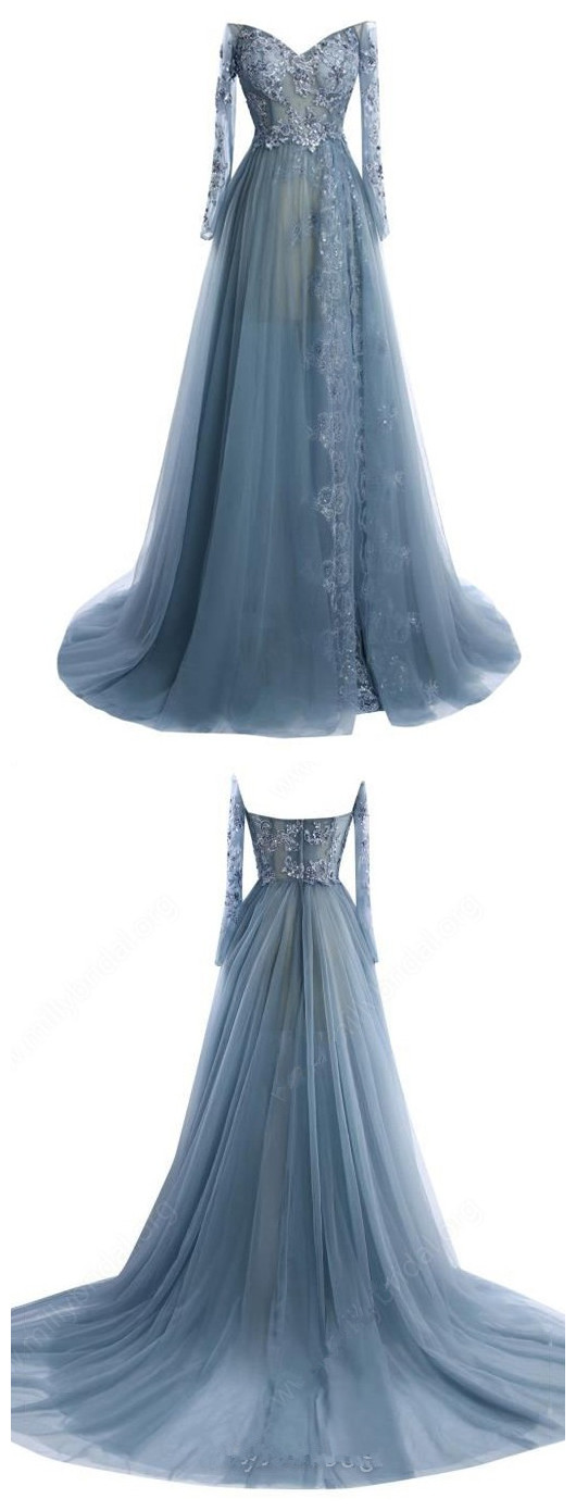 Latest A-line V-neck Tulle Court Train Appliques Lace Long Sleeve Prom Dresses