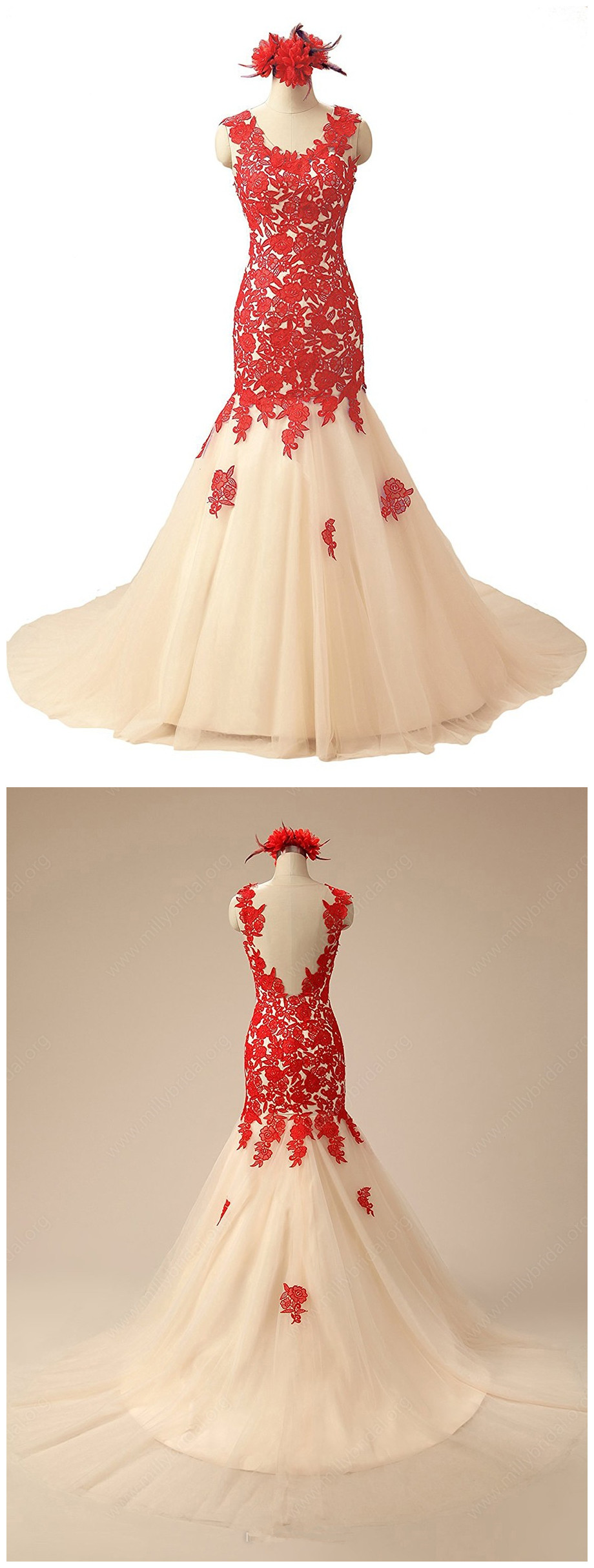 Online Trumpet/mermaid Scoop Neck Tulle Court Train Appliques Lace Red Prom Dresses