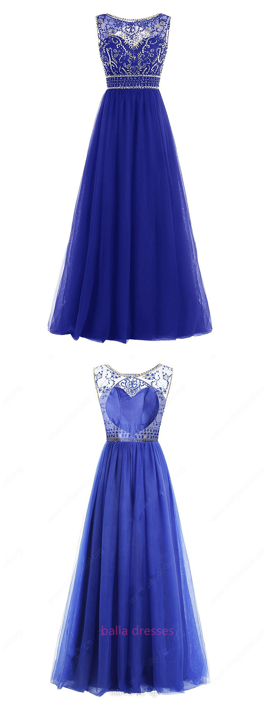 Royal Blue A-line Scoop Neck Tulle Floor-length Sequins Open Back Modest Prom Dresses
