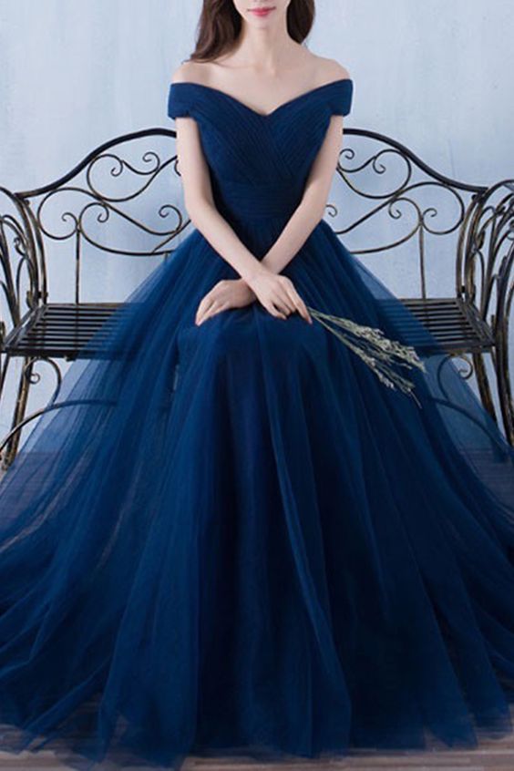Navy Blue Prom Dress,pretty Prom Dresses,tulle Bridesmaid Gown,simple Bridesmaid Dress,off The Shoulder Evening Dresses,tulle Wedding Gowns,dark