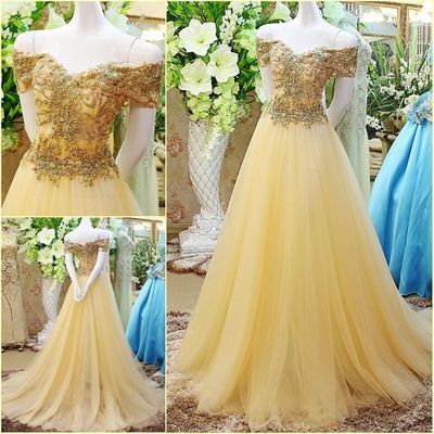 Prom Dresses,2017 Long Yellow Tulle Off The Shoulder Evening Dress