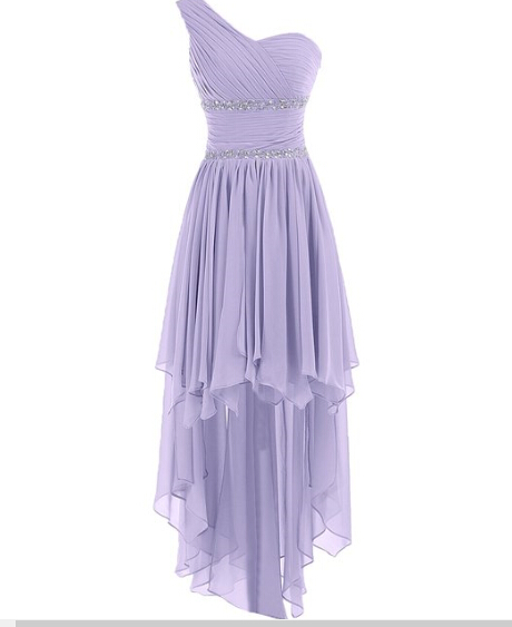 Lavender High Low Chiffon Pleated Evening Dress Featuring Ruched One Shoulder Bodice With Beaded Embellishments