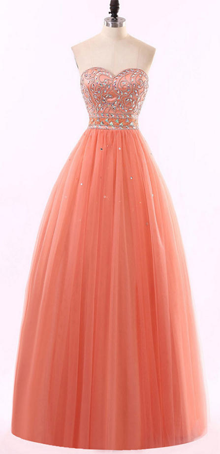 Watermelon Ball Gown Prom Dress, Sweetheart Princess Tulle Prom Dress, Beaded Floor-length Prom Dress,