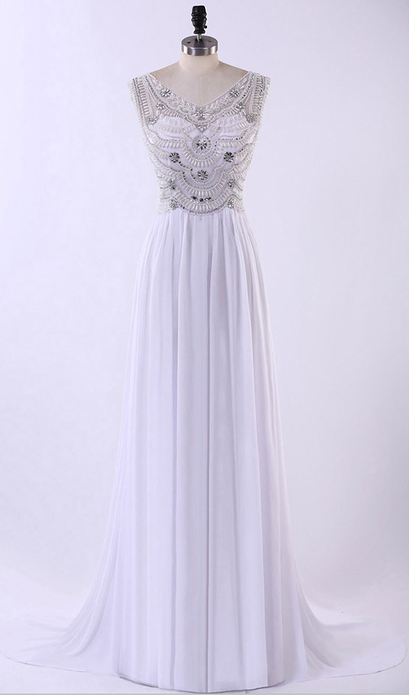 White Illusion Prom Dresses, Beaded Chiffon Prom Dresses, A-line Prom Gowns, V-neck Discount Prom Dress With Soft Pleats