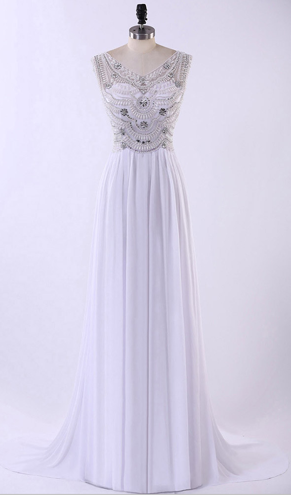 White Illusion Prom Dresses, Beaded Chiffon Prom Dresses, Aline Prom