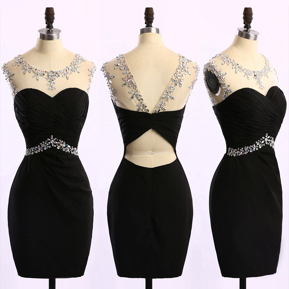Short Black Prom Dress With Ruching Detail, Sleeveless Beaded Prom