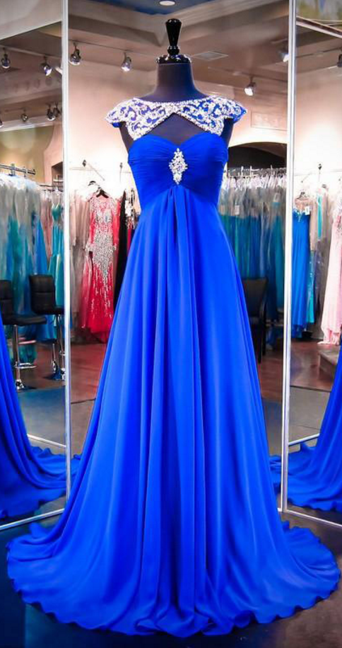 Royal Blue Prom Dress With Beaded Neckline, High Neck Chiffon Prom Gowns, Wholesale Open Back Prom Dress