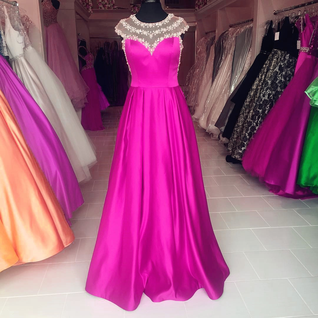Pearl Beaded Cap Sleeves Long Satin Purple Prom Dresses