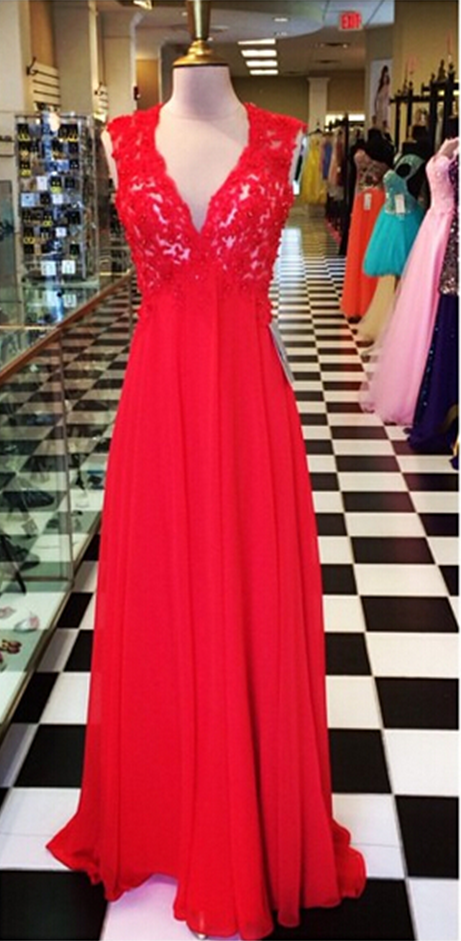 Red Lace Chiffon Prom Dress