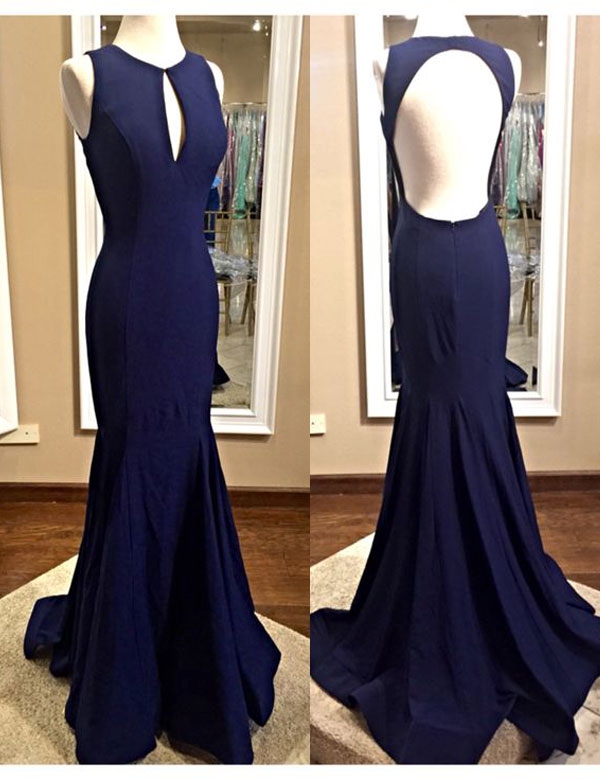Navy Blue Mermaid Prom Dress, Long Evening Party Prom Dress,open Back Prom Dress
