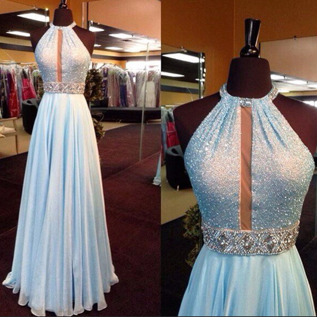 A-line Halter Beads Prom Dress,long Chiffon Prom Dress, Sky Blue Prom Evening Dress