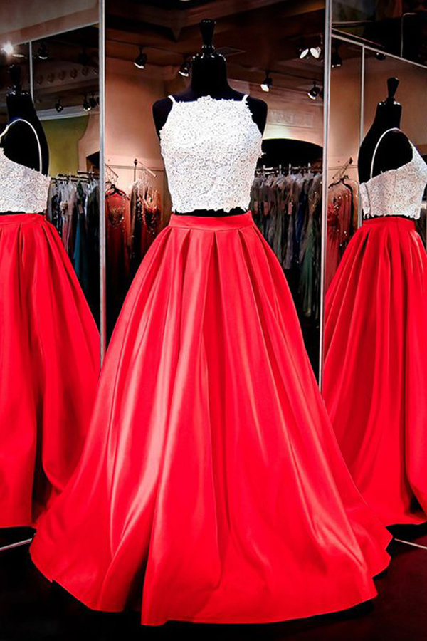Gorgeous Two-piece Square Neck Red Floor-length Prom Dress With Lace, Prom Dress,evening Gowns For Teens