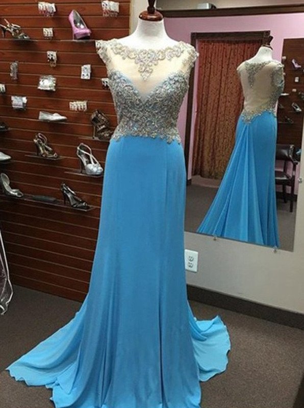 Bright Blue Lace Applique Long Chiffon Prom Dress 2017