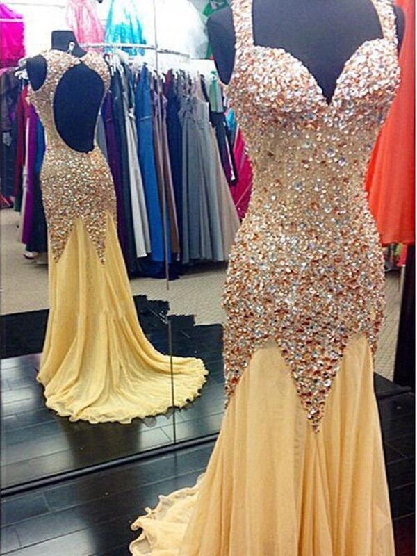 Mermaid Beaded Discount Prom Dress, Daffodil Open Back 2017 Prom Dresses With Beads