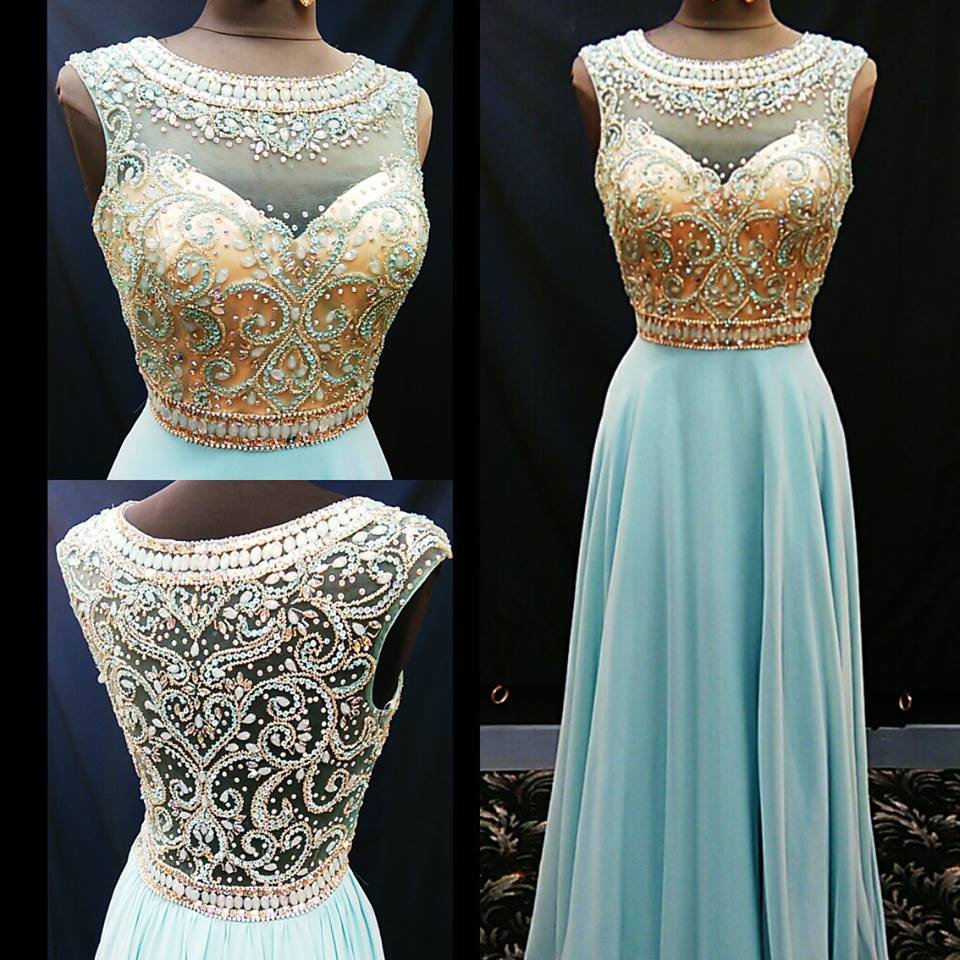 Beaded Turquoise Long Prom Dress 2017