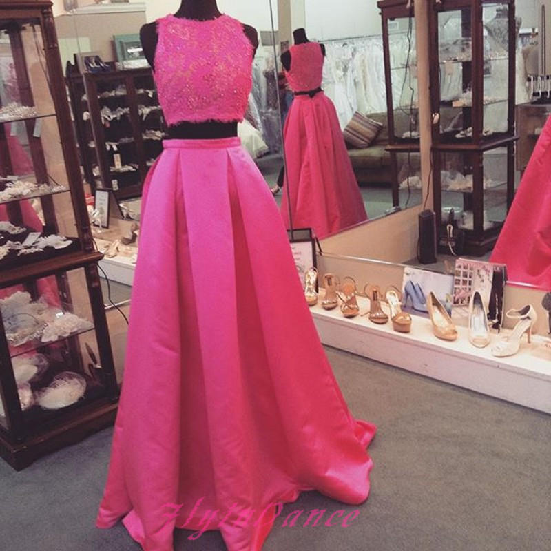 Scoop Sequins Lace Appliques Fuchsia Two-pieces Ball Gown Long Satin Prom Dress
