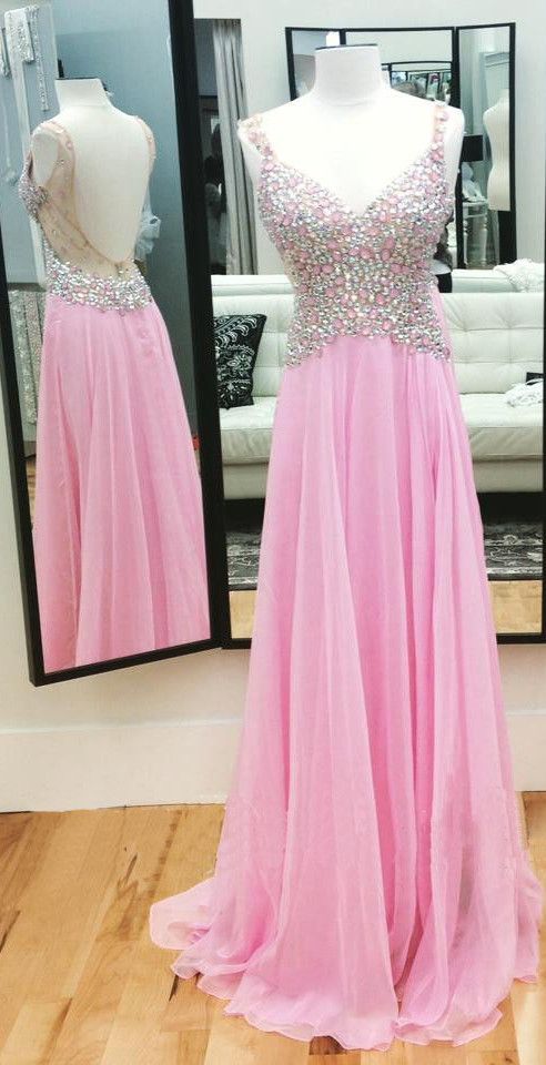 Pink Backless V Neck Beaded Long Chiffon Prom Dress With Straps