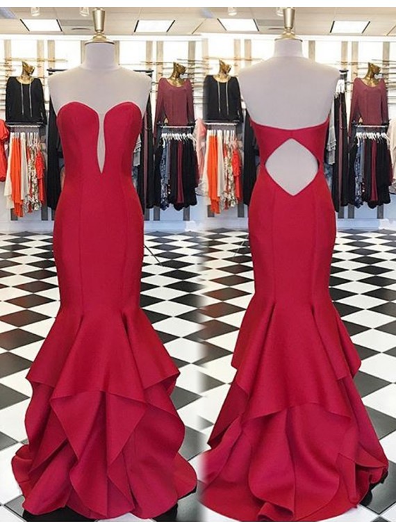 Elegant Red Sweetheart Sweep Train Open Back Tiered Mermaid Prom Dress