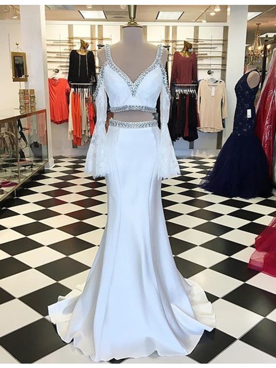 Elegant White V-neck Long Sleeves Floor-length Mermaid Prrom Dress With Beading Lace