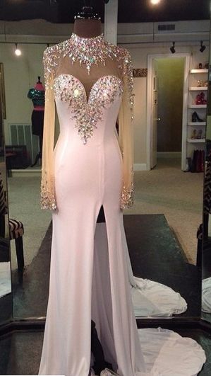 Prom Dress,sexy Long Sleeve Prom Dress,crystal Mermaid Evening Dress,high Low Evening Gown ,long Formal Dress ,high Quality Graduation