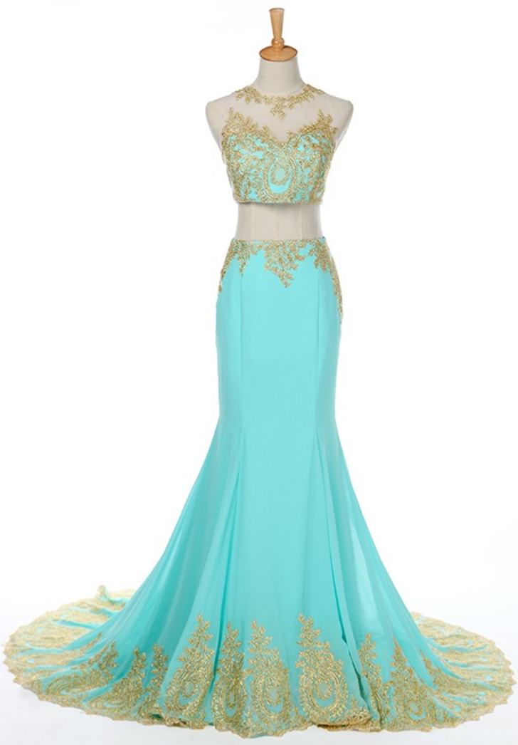 Lace Appliquéd Floor Length Two Piece Mermaid Prom Dress Featuring Halter Illusion Cropped Bodice