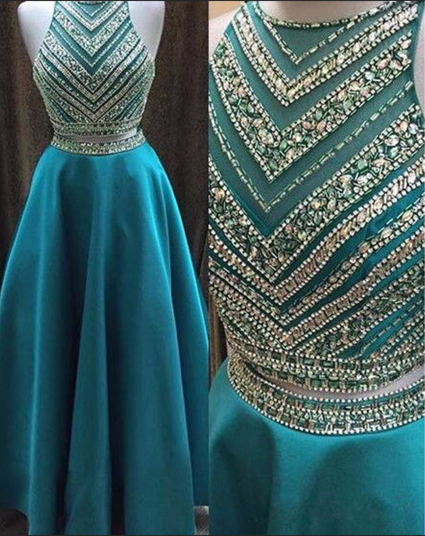 Evening Gowns 2017 Real Beading Long Prom Dresses Turquoise Sheer 2 Two Piece Prom Dress Women Party Dresses