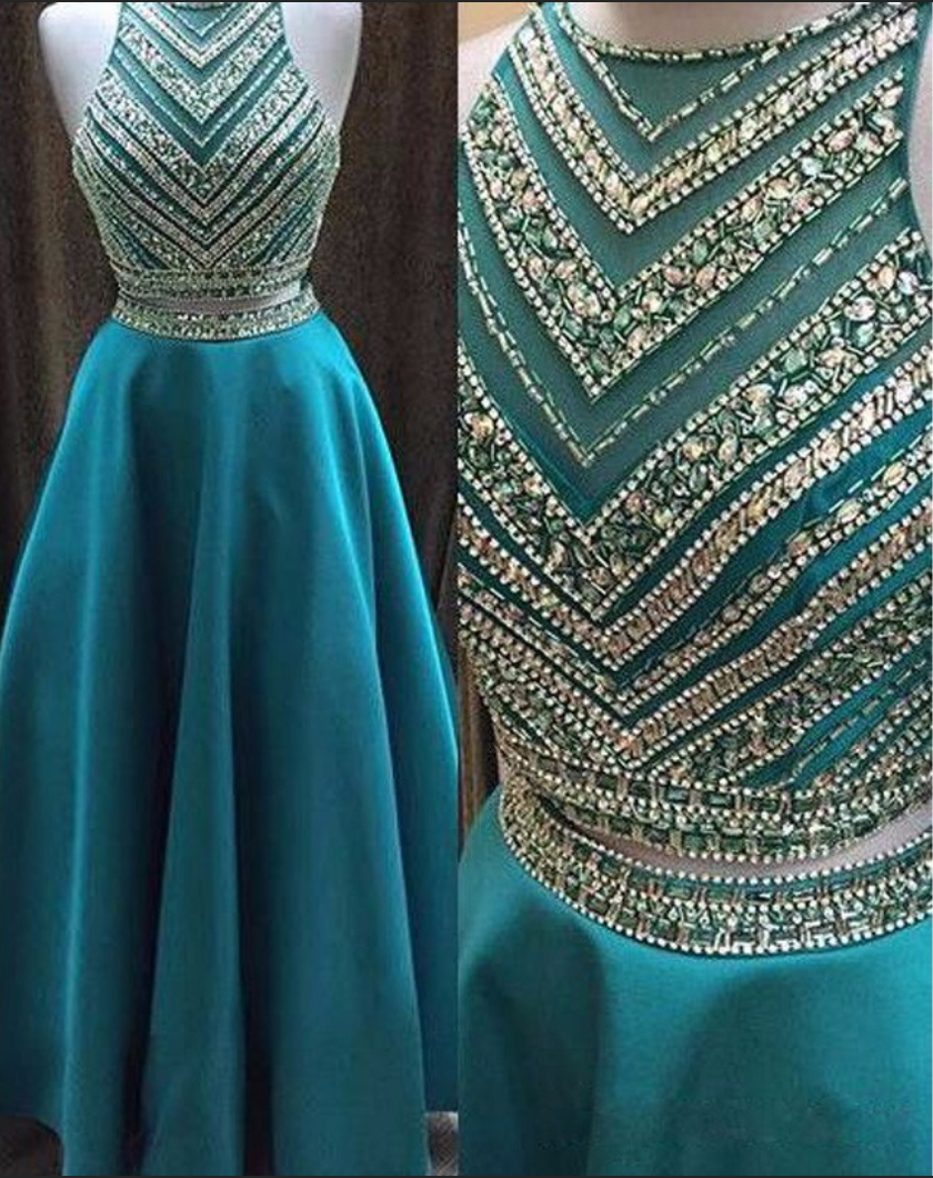 Evening Gowns 2017 Real Beading Long Prom Dresses Turquoise Sheer 2 Two  Piece Prom Dress Women Party on Luulla