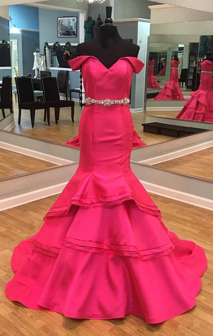 Pink Taffeta Mermaid Prom Dresses Off The Shoulder 2017