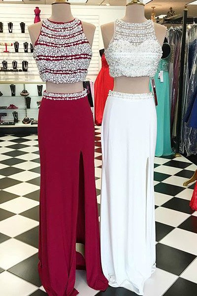 Sexy Two Pieces Red Beaded Evening Prom Dresses, Long Beaded Party Prom Dress, Custom Long Prom Dresses, Formal Prom Dresses,