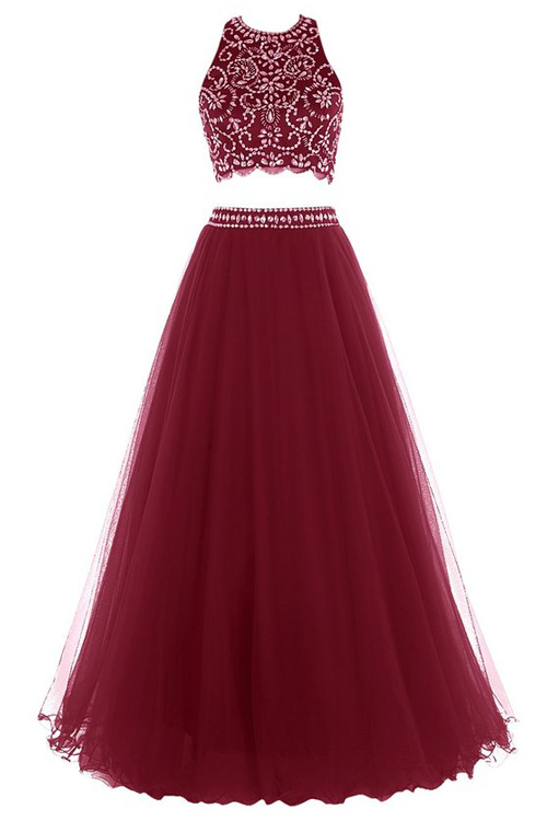 V-neck Beaded Two Pieces Tulle Prom Dresses, Halter Long Prom Dresses