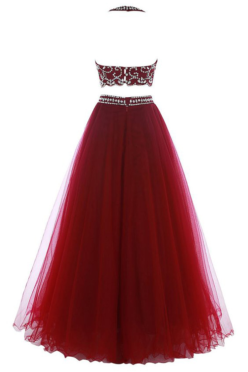 Red Floor Length Two Piece Prom Dress Featuring Beaded Embellished Halter Cropped Bodice, Open Back on Luulla Red Floor Length Two Piece Prom Dress Featuring Beaded Embellished Halter Cropped Bodice, Open Back on Luulla