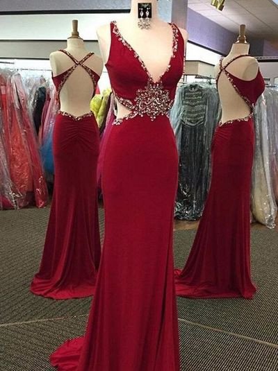 Dark Red Prom Dresses,backless Prom Dress,long Prom Dress,sexy Prom Dress,charming Beaded Evening Dress