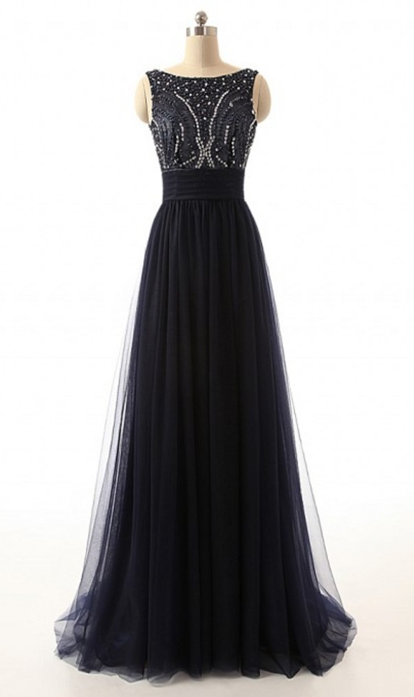 Custom Made Black Sleeveless Bateau Neck Tulle Long Dress With Beaded Embellishment, Prom Dress, Evening Dress, Graduation Dress