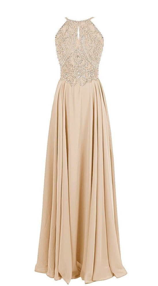 Custom Made Champagne Halter Neckline With Beaded Bodice Floor-length Dress, Prom Dress, Evening Dress, Graduation Dress