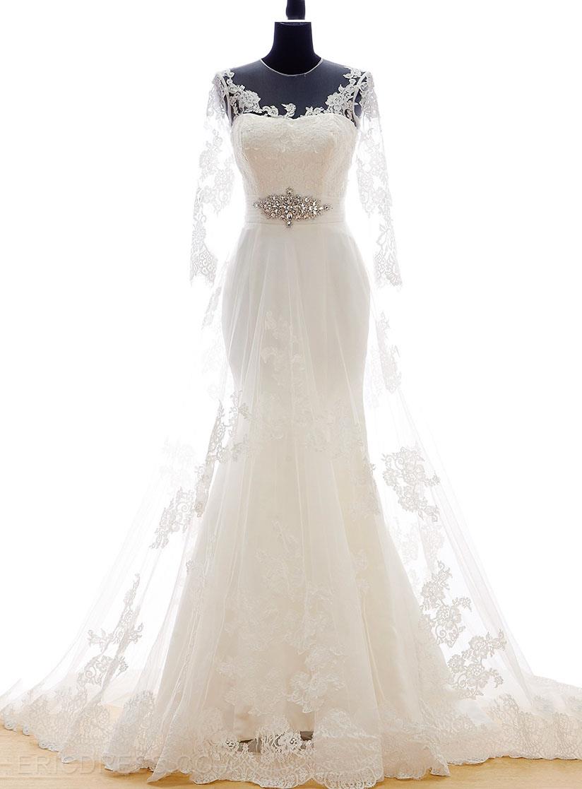 Mermaid Lace Tulle Court Train Wedding Dress With Sheer Sleeves And Illusion Neckline