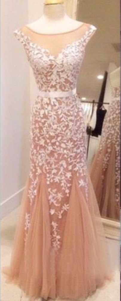 Champagne Formal Gown Long Prom Dress With White Appliques 2017 Bateau Neck Capped Sleeve Open Back Mermaid Party Dress Dresses Backless Sexy