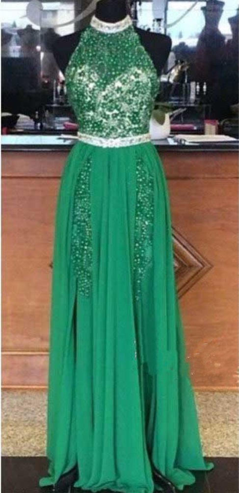 Green Prom Dress Two Sides Split Youth Dress Halter Neck Open Back Full Beaded Unique Designer Chiffon Dresses Classic Tradition