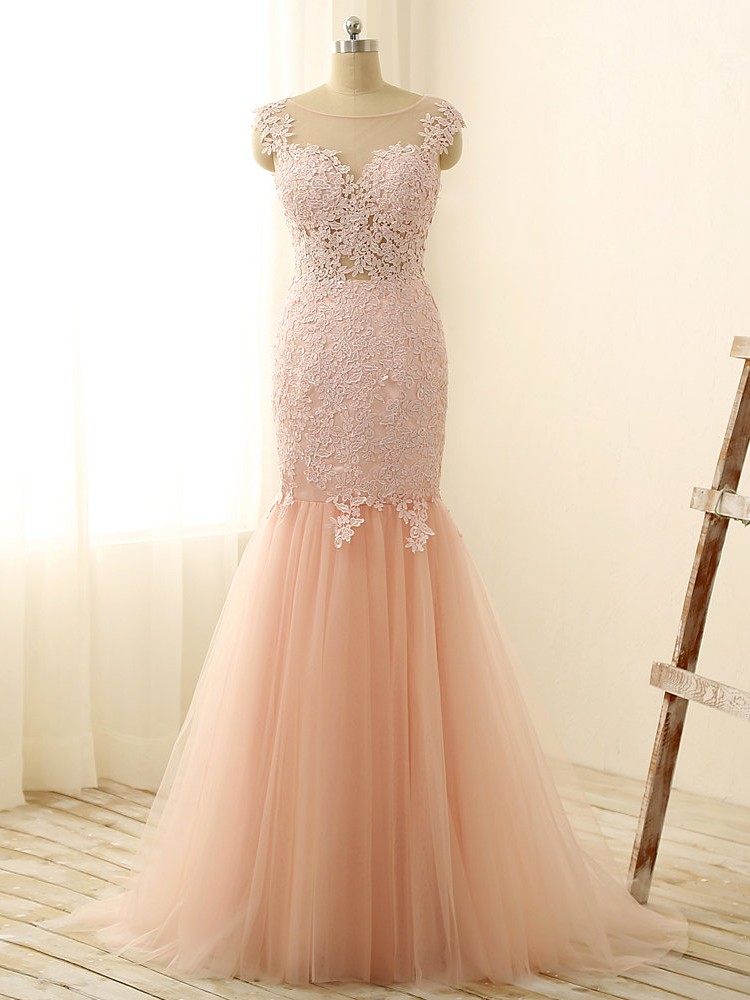 Iullsion Bodice Champagne Mermaid Style Prom Dress Tulle Gown Party Dress With Appliques Bateau Neck Capped Sleeve Zipper Back Slim