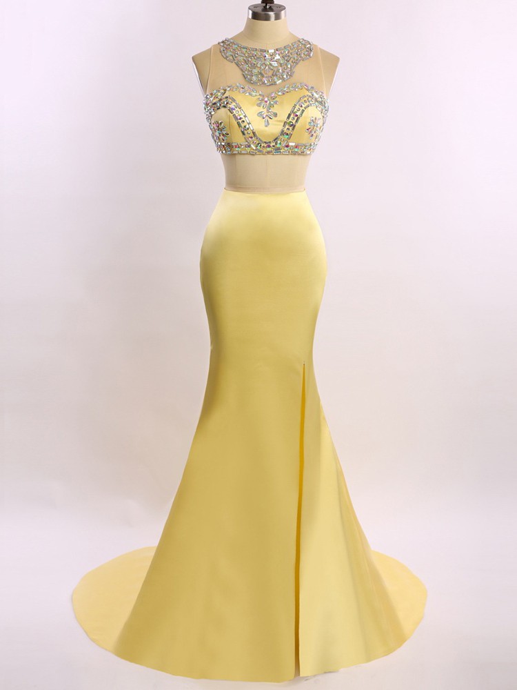 Crystals Prom Long 2017 Two Pieces Dress Yellow Dress Iullsion Back Sleeveless Sweep Train Mermaid Style Long Homecoming Dress