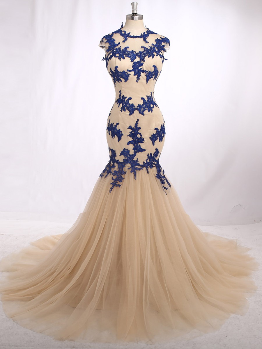 Tradition Style Long Prom Elegant Jewel Neck Capped Sleeve Sweep Train Tulle Dress With Blue Appliques Good Sell Design