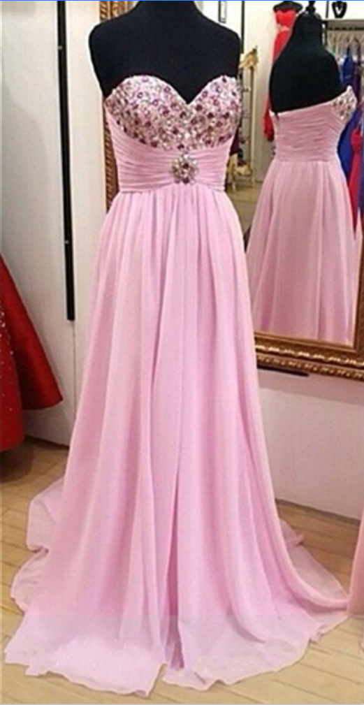 Pink Sweetheart Neck Chiffon Long Prom Dress Evening Dress Y8479
